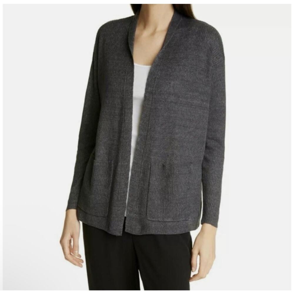 Eileen Fisher Ribbed Organic Linen Delave Cardigan Gray Petite Small
